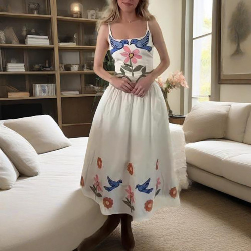 Leisure Holiday Animal Printed Suspender Dress Fashion Bohemian High Waist Pleat Dress Summer New Floral Printed Evening Dresses