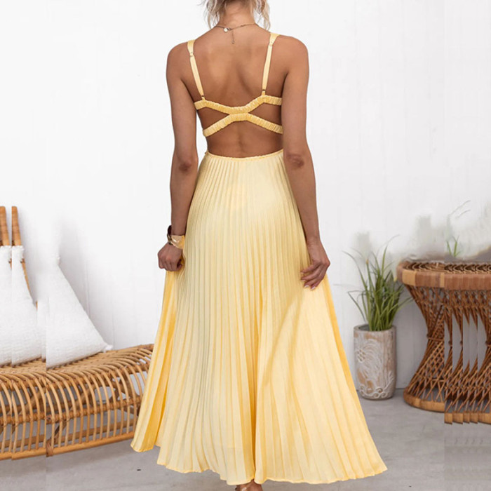Fashion V-Neck Holiday Long Dress Summer Elegant Strap Loose Solid Sleeveless Party Dress Women High Waist Solid Pleat Dresses