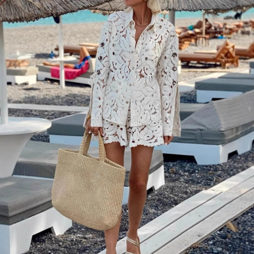 Women's Hollow Out Lace Two-Piece Set – Lace-Up Long Sleeve Top & Shorts, Party Vacation Outfit