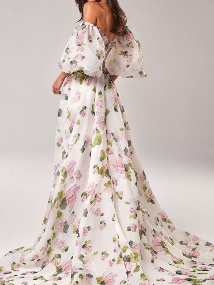 Elegant Puff Sleeve Off Shoulder Floral Print Dress Summer High Waist Pleat Evening Dress Lady Garden Party Floor-length Dresses