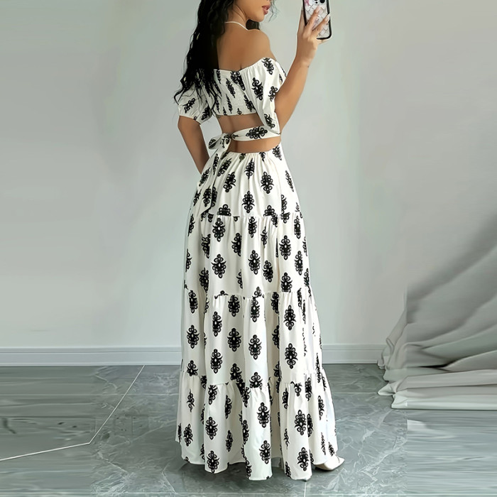 Summer New One Shoulder Printed Long Dress Elegant Short Sleeve Hollow Waist Lace Up A-line Dress Fashion Vacation Pleated Dress