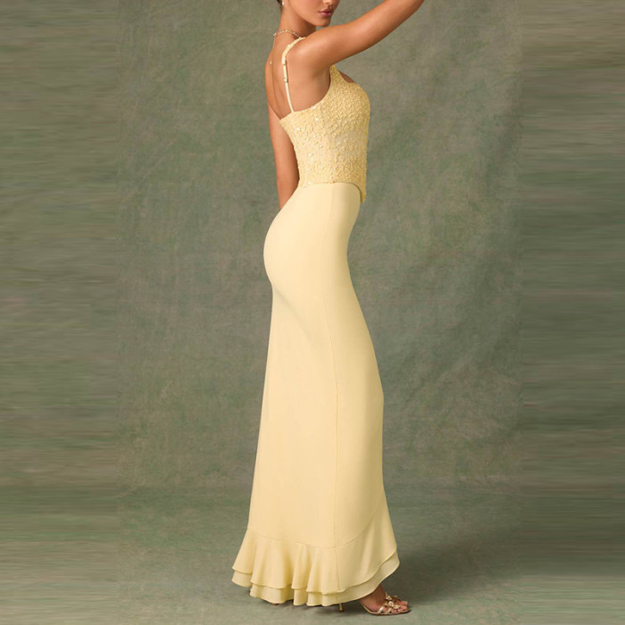 Elegant Sleeveless Solid Color Wrap Hips Dress Sexy Backless Ruffles Split Dress Summer New Sequins Knitted Spliced Halter Dress