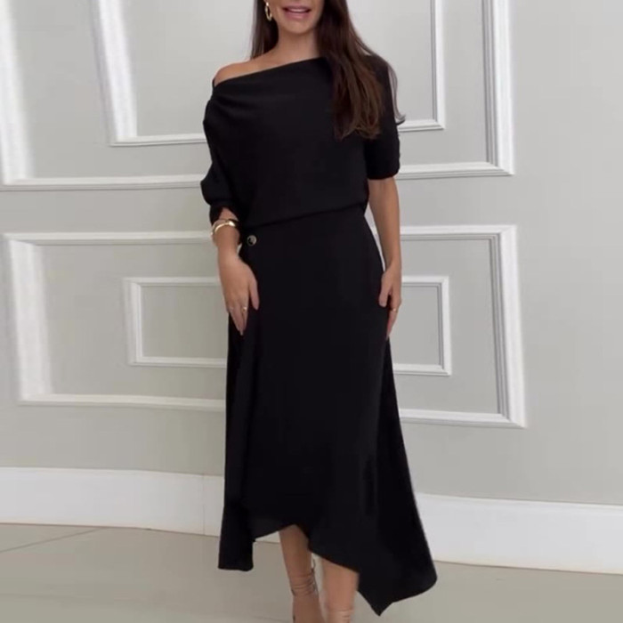 Solid Color Skew Collar Tops & Half Skirts Suits Women Casual Loose Long Sleeved Tops Two Piece Sets Elegant Commuting Outfits