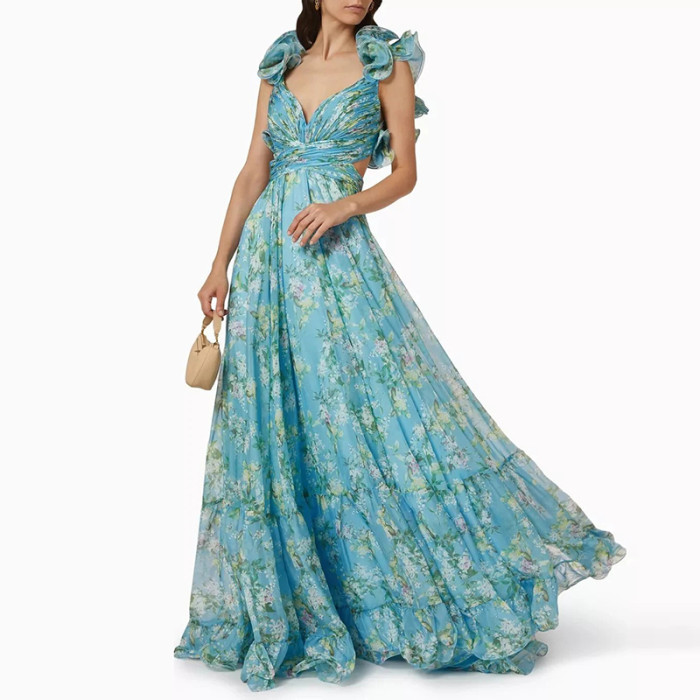 Sexy V Neck Hollow Draped Swing Dress Luxury Lady Sleeveless Backless Dress Spring Summer New Chiffon Ruffles Floral Print Dress