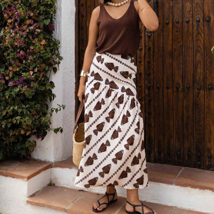 Elegant Lady Commute Stripe Printed Long Skirts Vintage Elastic Waist Women's Skirt Summer Casual High Waist Pleated Half Skirts