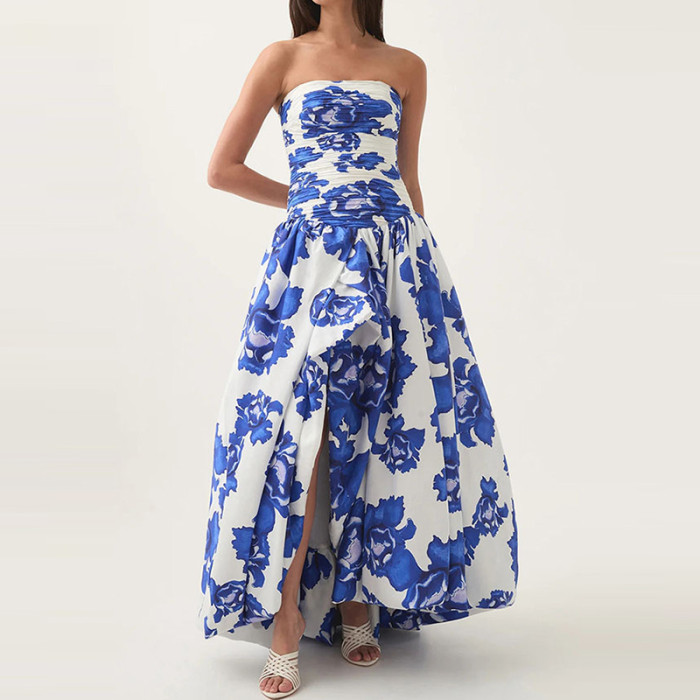 Elegant Sleeveless High Waisted Evening Dress Vintage Pattern Print Tube Top Banquet Dress Summer New Ladies Irregular Prom Gown