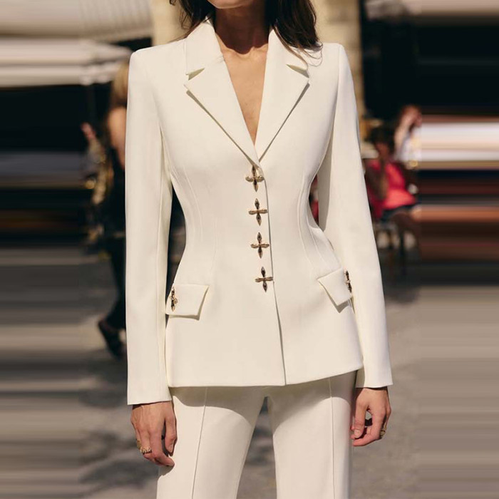 Fall New Office Lady Solid Color Outfits Elegant Long Sleeve V-neck Coat And Wide Leg Pants Sets Fashion Casual Slim Women's Set