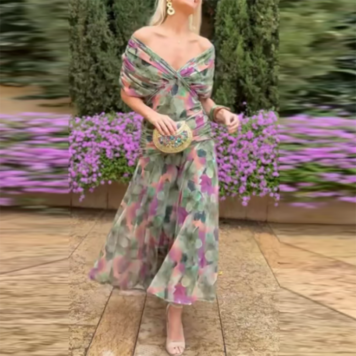 Sexy Off Shoulder Boho Swing Long Beach Dress Sexy High Waisted Chiffon A-line Dress Summer New Printed Shawl Collar Mesh Dress