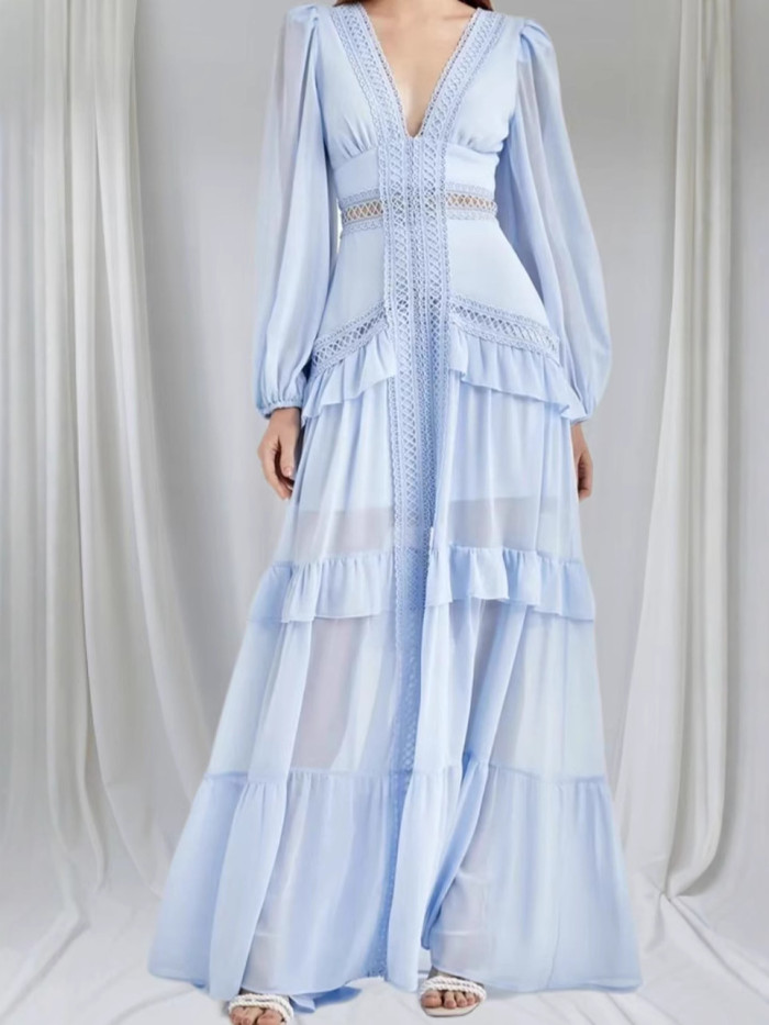 Elegant Women Lace Ruffles Long Dress Sexy Solid Deep V Neck Lantern Long Sleeve Dresses Autumn Hollow Out Solid Party Dress