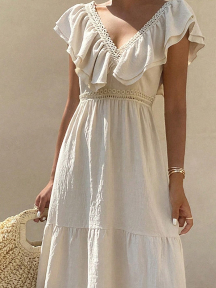 Women's Bohemian V-Neck Hollow Out Dress – Pleated High Waist Beach Party Dress