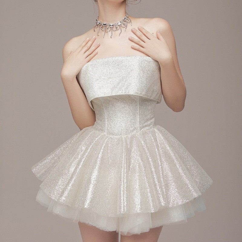 Fashion Backless Slim Evening Dress Sexy Strapless Sleeveless Bodycon Mini Dresses Elegant Glitter Hight Waist Solid Party Dress
