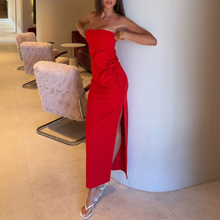 Sexy Tube Top Split Party Dress Elegant Pure Hollow Out Sleeveless Banquet Dress 2025 New Lady Stereoscopic Floral Evening Dress