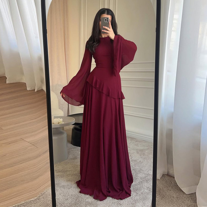 Muslim Women High Waist O-neck Pleated Long Dress Elegant Temperament Chiffon Dresses Solid Color Slim Flare Sleeve Party Dress