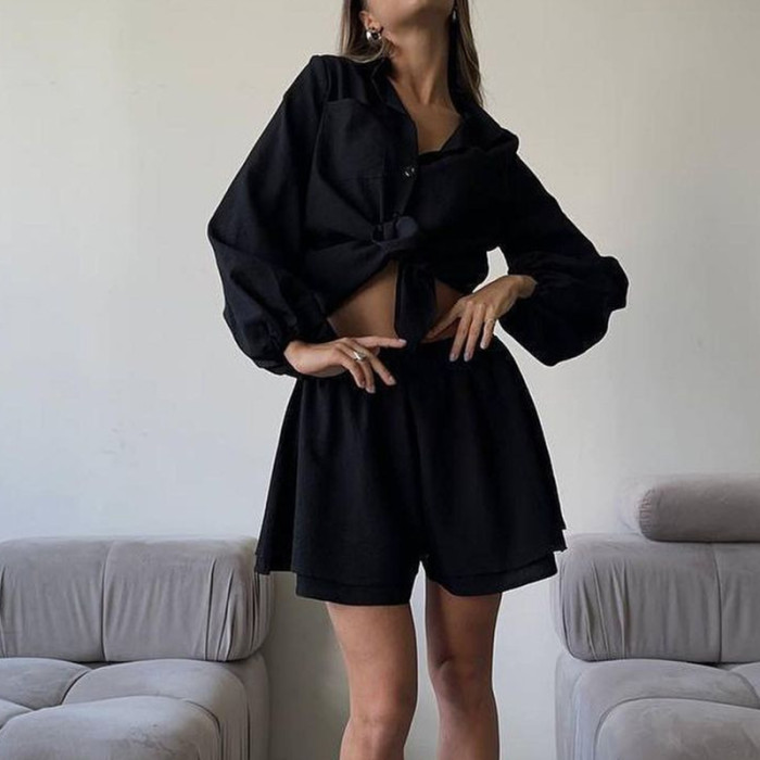 Spring Summer Solid Color Commute 2 Piece Casual Lantern Long Sleeve Lapel Shirt&Shorts Suits Elegant Loose Streetwear For Women