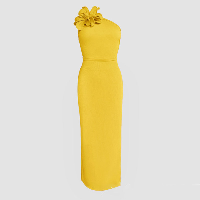 Fashion Design Style Sleeveless Sheath Set Elegant Off Shoulder Skew Collar Vest And Wrap Hips Skirts Set Sexy Solid Color Suits