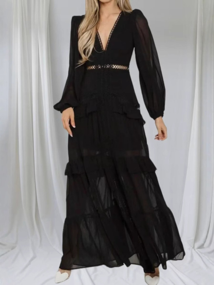 Elegant Women Lace Ruffles Long Dress Sexy Solid Deep V Neck Lantern Long Sleeve Dresses Autumn Hollow Out Solid Party Dress