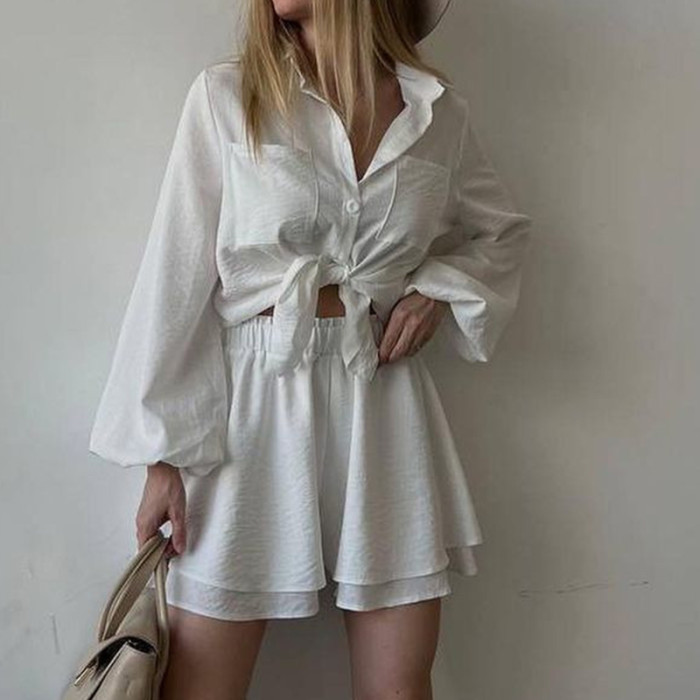 Spring Summer Solid Color Commute 2 Piece Casual Lantern Long Sleeve Lapel Shirt&Shorts Suits Elegant Loose Streetwear For Women