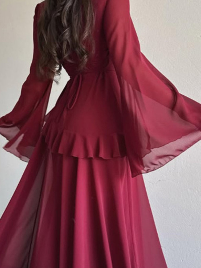 Muslim Women High Waist O-neck Pleated Long Dress Elegant Temperament Chiffon Dresses Solid Color Slim Flare Sleeve Party Dress
