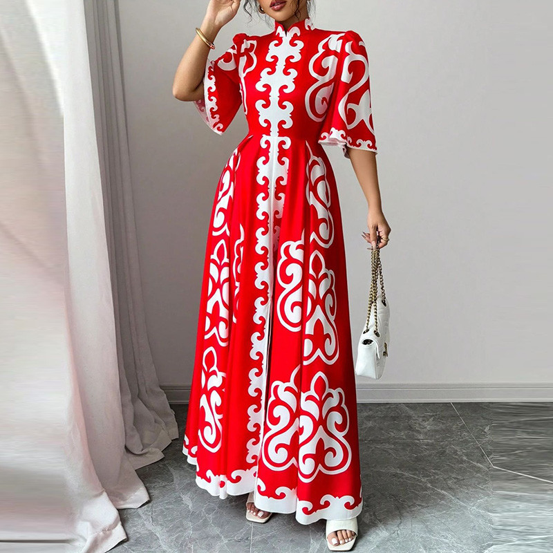2025 Spring Summer New High Waisted Evening Party Dress Women Half Sleeve Red Printed Festival Dress Elegant Big Hem Long Dress
