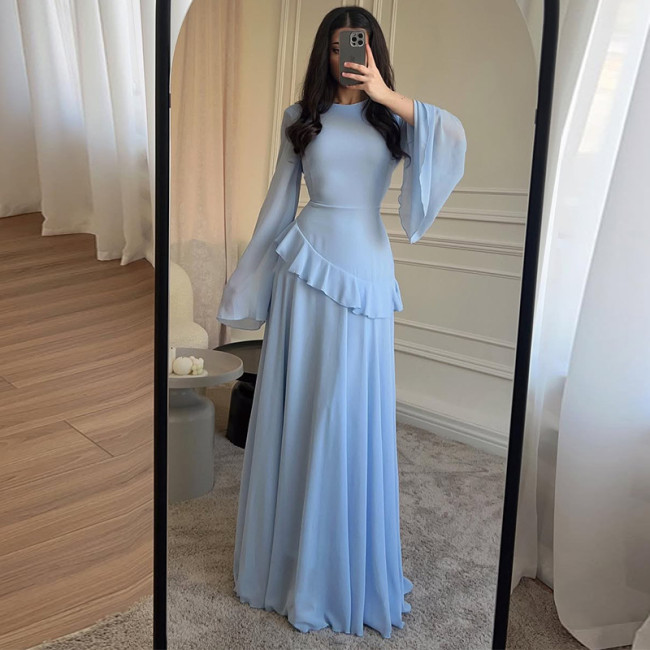 Muslim Women High Waist O-neck Pleated Long Dress Elegant Temperament Chiffon Dresses Solid Color Slim Flare Sleeve Party Dress