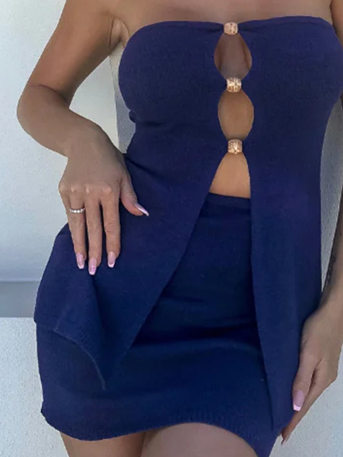 Fashion Hollow Out Sleeveless Vest & Skirts Sets Elegant High Waist Wrap Hips Skirts Sets Summer Sexy Slim Solid Commute Outfits