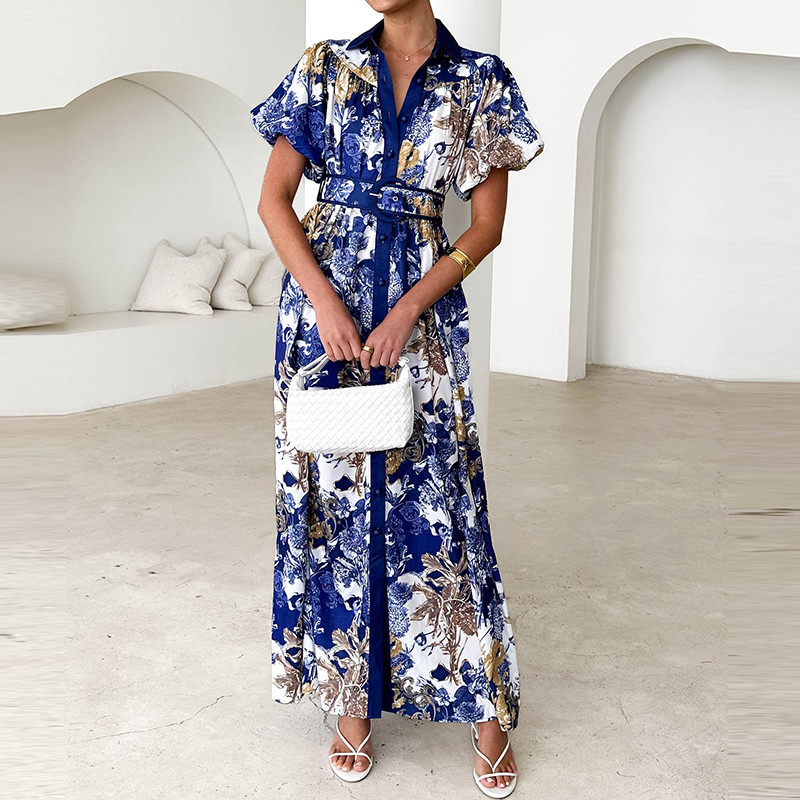 Retros Short Sleeve Pattern Printed Lapel Dress Casual Single Breasted With Belt Shirts Dress Summer New High Waist Party Dress