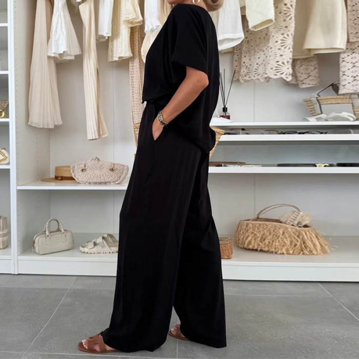 Chic Short Sleeve Tops Pocket Pants Matching Set Casual O-neck Solid Color Sport Outfit Elegant Lady Summer New Simple Tracksuit