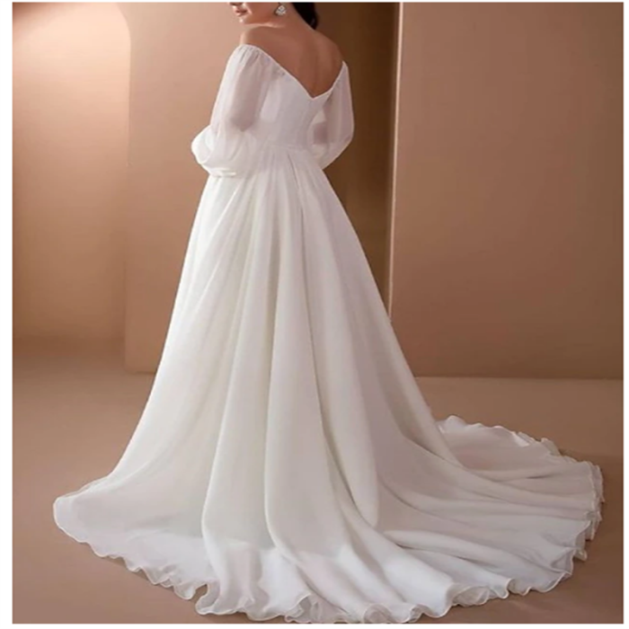 Beach Wedding Beach Vintage Wedding Dresses A-Line Off Shoulder Long Sleeve Court Train Chiffon Bridal Gowns With Pleats Beading