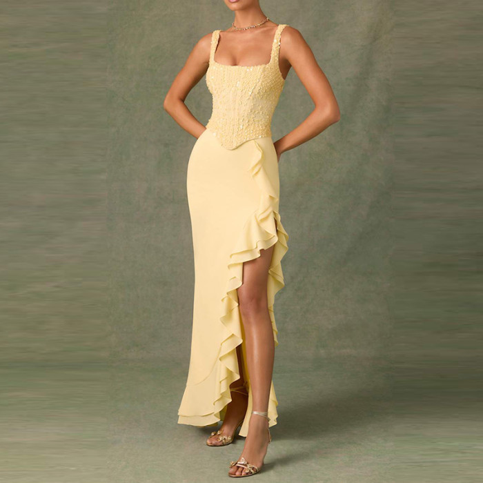 Elegant Sleeveless Solid Color Wrap Hips Dress Sexy Backless Ruffles Split Dress Summer New Sequins Knitted Spliced Halter Dress