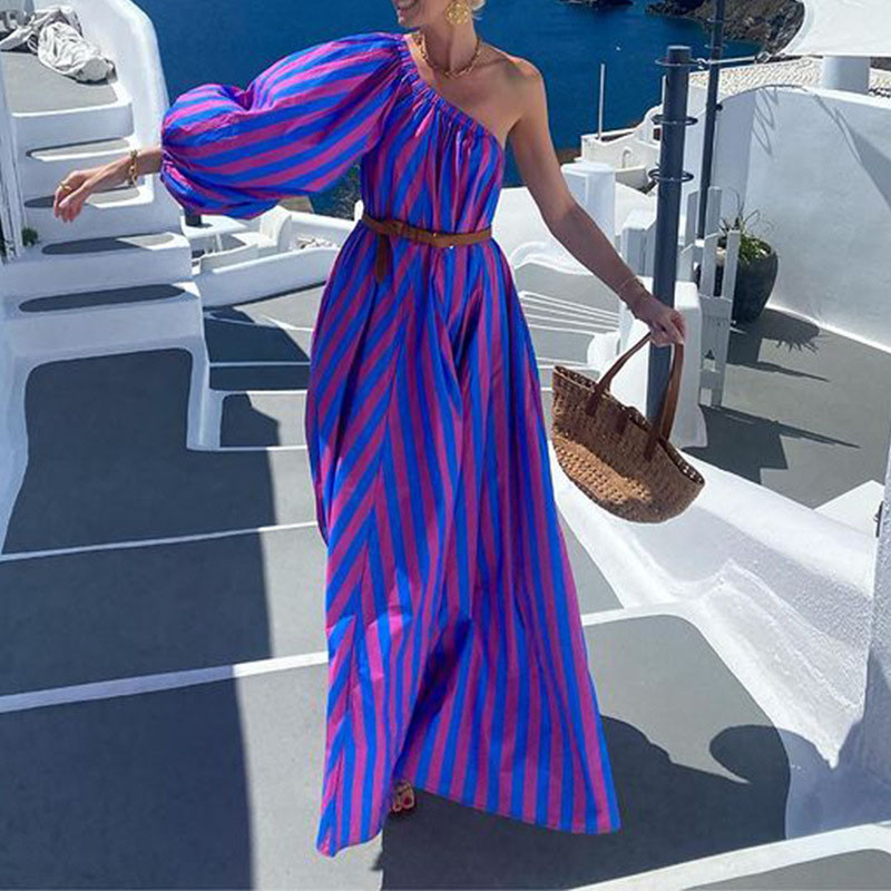 Elegant Skew Collar Temperament Long Dresses Ladies High Waist Draped Party Dress Fashion Striped Holiday Backless Vintage Dress