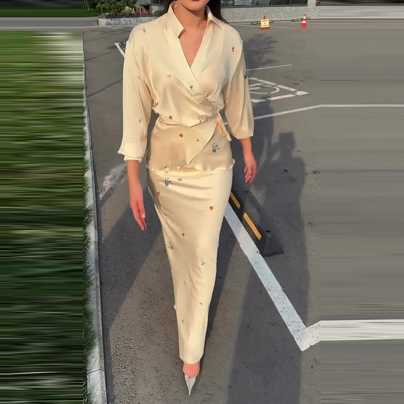 Ladies Elegant Slim Lapel V-Neck Long Sleeve Blouse&Long Skirts Suit 2025 Floral Print Two Piece Satin Set Women Lace-up Outfit