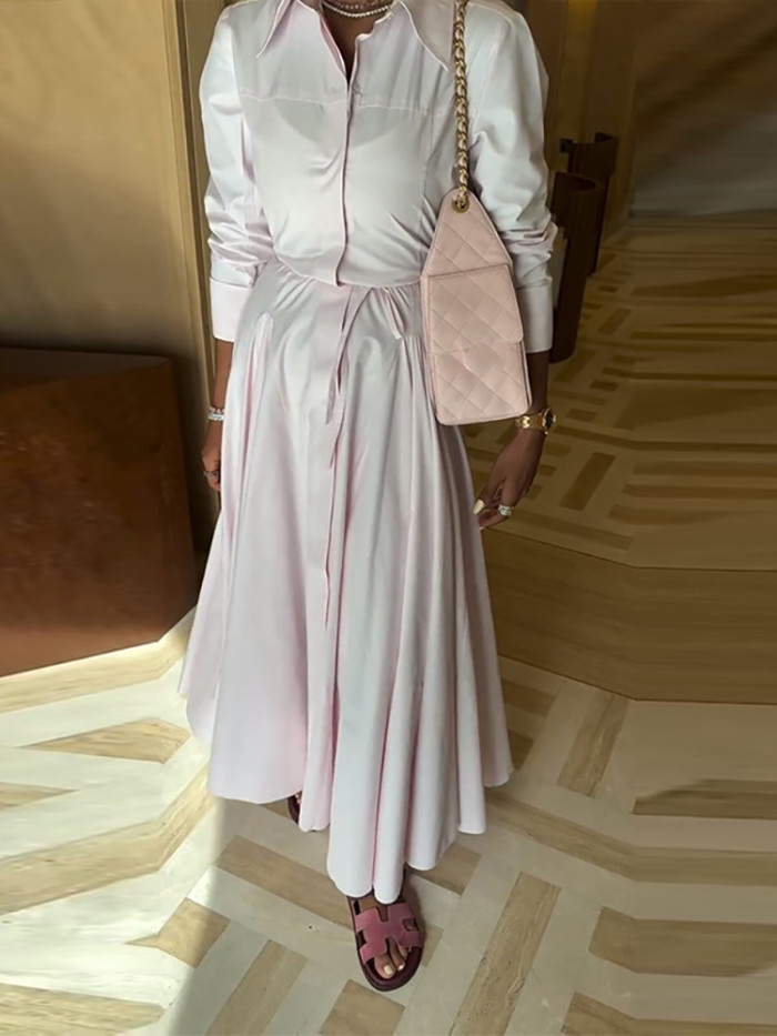 Temperament High Waist Long Sleeve Shirts&Skirts Sets Elegant Commute Solid Color Loose Two Piece Lady Casual Pleat Party Outfit