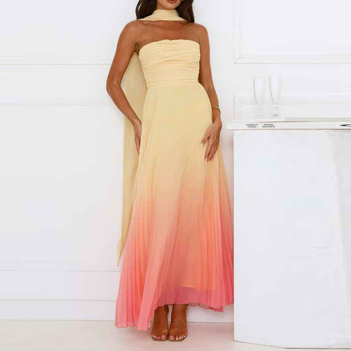 Leisure High Waist Backless Ribbon Evening Dress Sexy Hollow Out Lace Up Maxi Dress Gradient Printed Off Shoulder Party Dresses