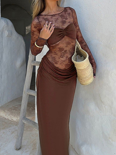 Women's Lace Spliced Evening Dress – Floral Print See-Through Long Sleeve Slim Dress