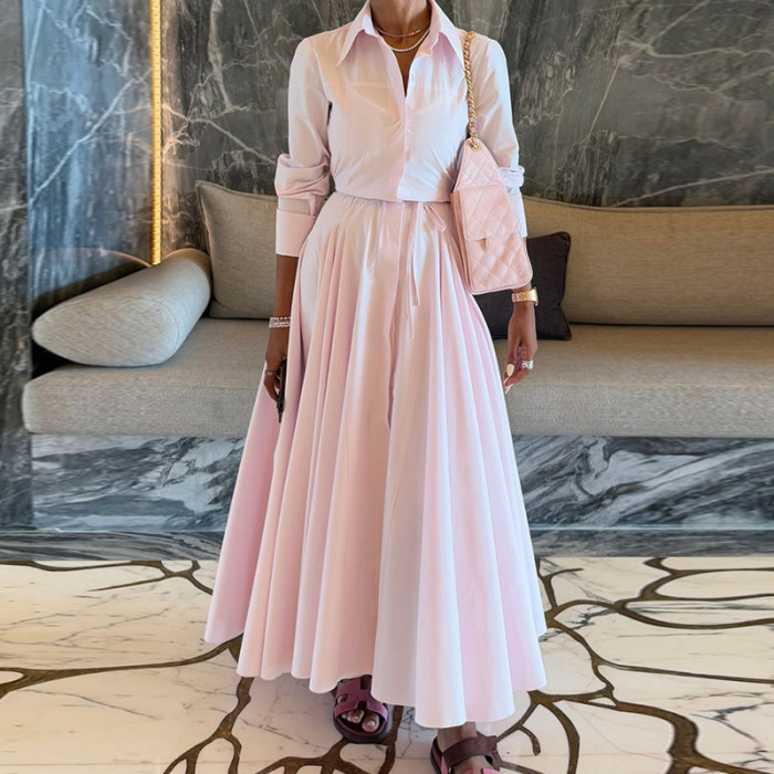 Temperament High Waist Long Sleeve Shirts&Skirts Sets Elegant Commute Solid Color Loose Two Piece Lady Casual Pleat Party Outfit