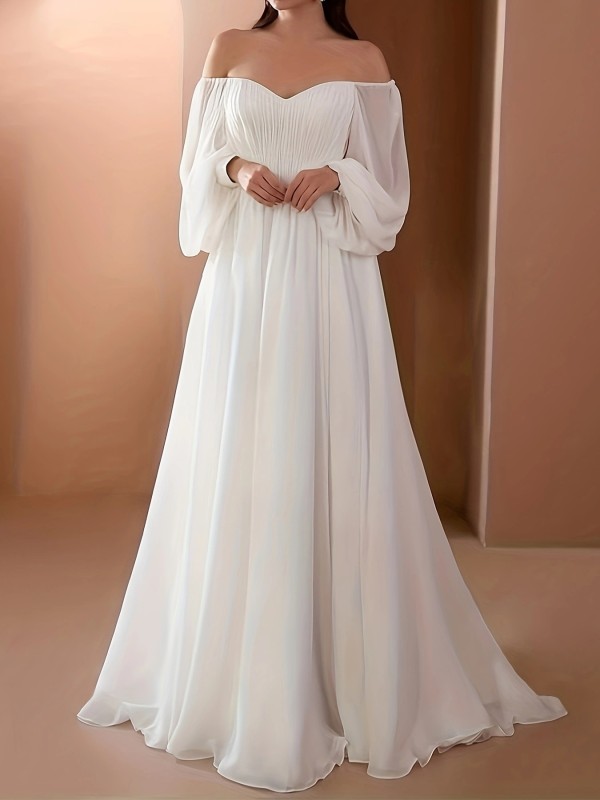 Beach Wedding Beach Vintage Wedding Dresses A-Line Off Shoulder Long Sleeve Court Train Chiffon Bridal Gowns With Pleats Beading
