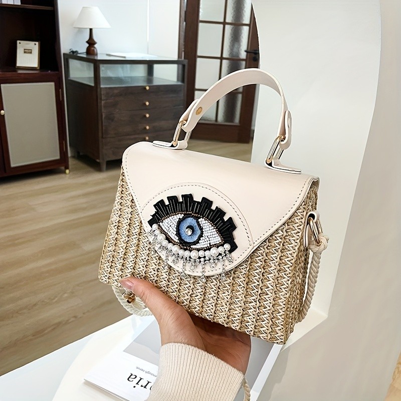 Women'S Shoulder Bag, a Quirky Large-Eyed Straw Woven Beach Bag Perfect for Seaside Vacations, Versatile Two-Tone Hard Box-Shaped Small Square Bag, Ideal for Commuting, Shopping, And a Patchwork Crossbody Bag, Also Serves As a Handheld Box for Phone Storage.