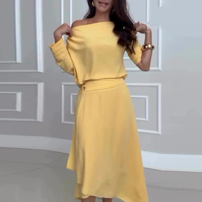 Solid Color Skew Collar Tops & Half Skirts Suits Women Casual Loose Long Sleeved Tops Two Piece Sets Elegant Commuting Outfits