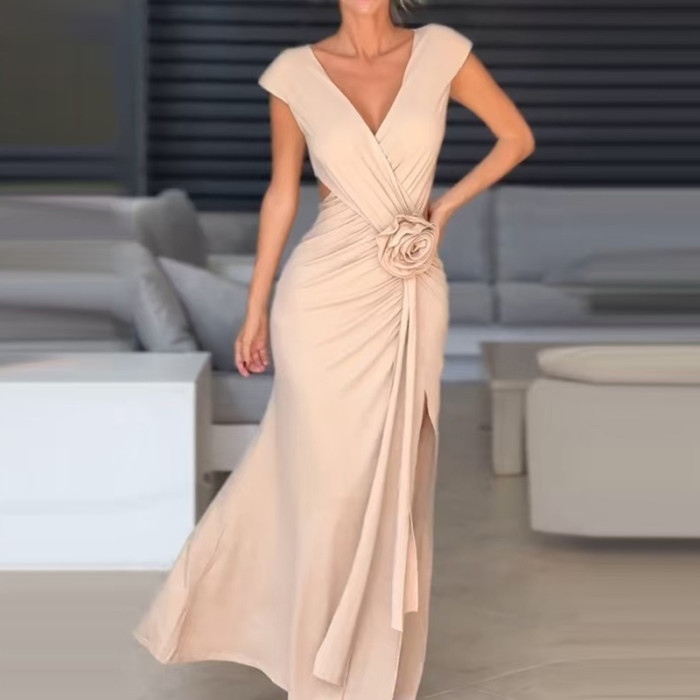 Elegant High Waist Pleated Split Long Dress Casual Spring Summer Solid Holiday Dresses Ladies Deep V Rose Patchwork Party Dress