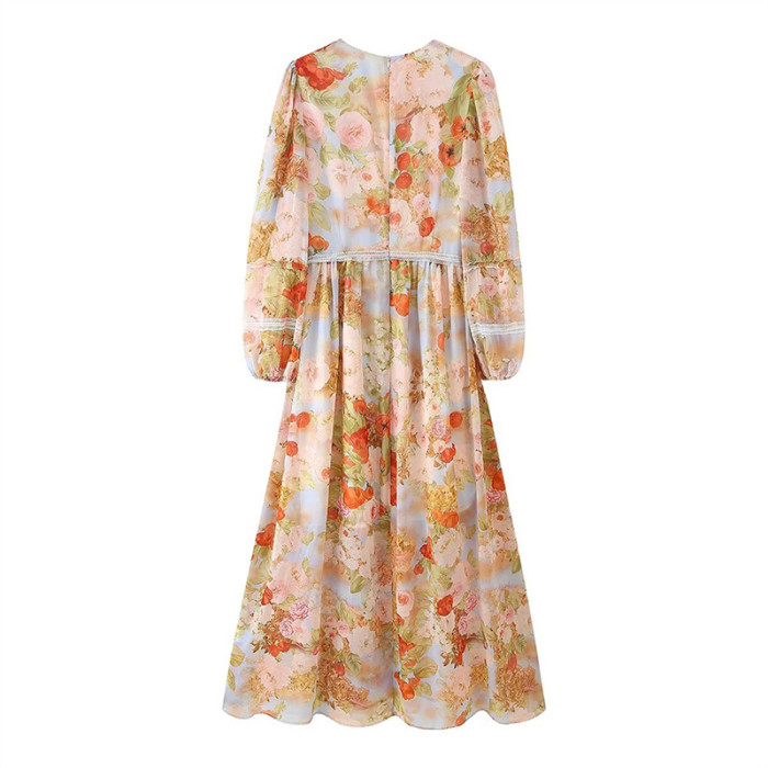 Casual Spliced Long Sleeve Chiffon Dress Temperament High Waist V-neck Loose Party Dress Elegant Women Pleat Evening Dress 2025