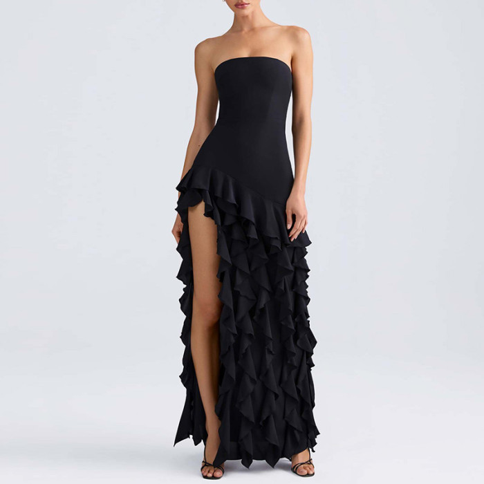 Show Style Ruffles High Split Evening Dress Sexy Tube Top Sleeveless Wrap Hip Dress Elegant Solid Color Off Shoulder Party Dress