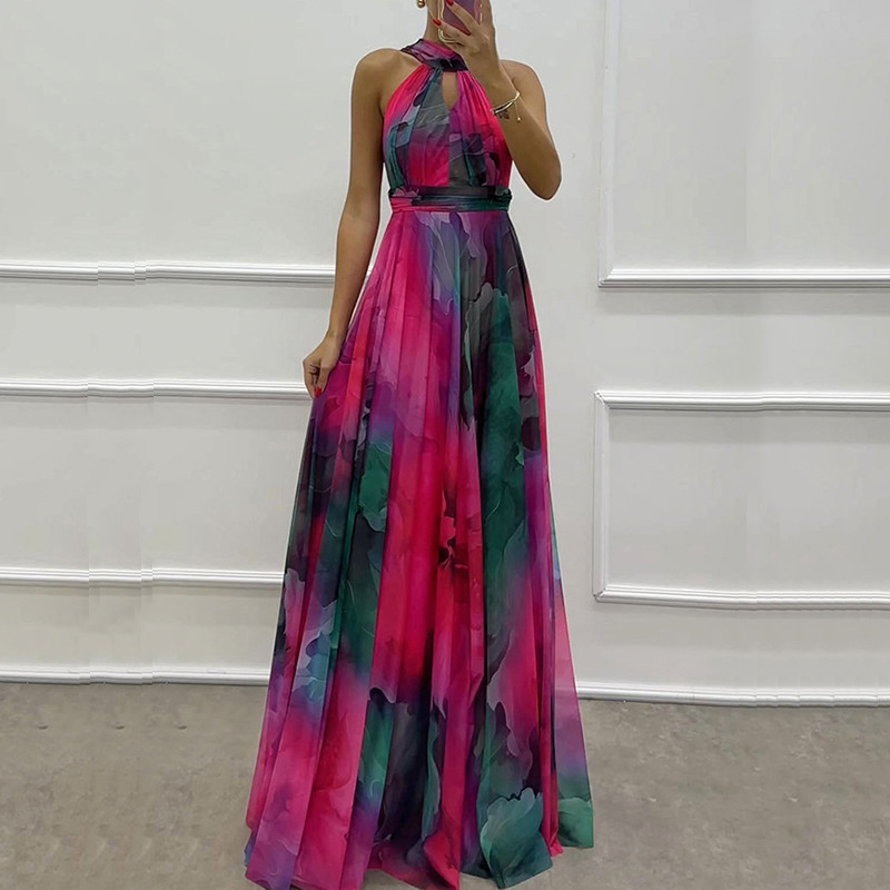 Women's Halter Hollow Out Maxi Dress – Bohemian Print Sleeveless Party Dress