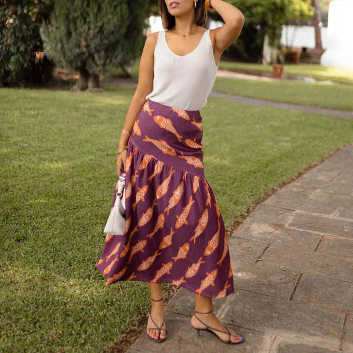 Elegant Lady Commute Stripe Printed Long Skirts Vintage Elastic Waist Women's Skirt Summer Casual High Waist Pleated Half Skirts