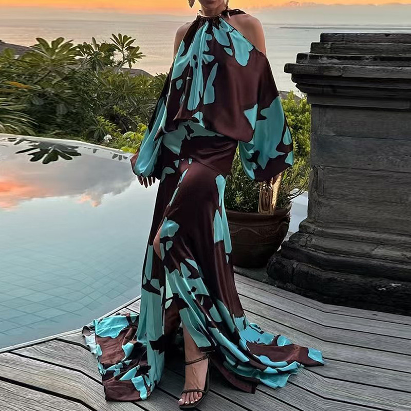 Retro Pattern Printed Off Shoulder Dress Elegant Temperament Split Floor-length Dress Fall New Swing Long Sleeve Vacation Dress