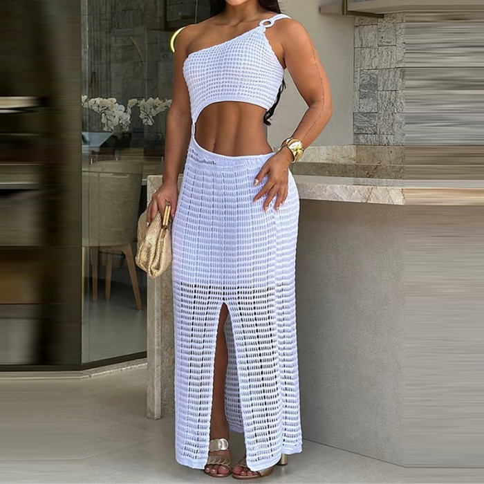 Women's Knitted 2 Piece Set – Sleeveless Sloping Collar Top & Hollow Out Long Skirt