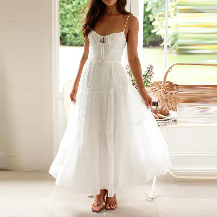 Fashion Solid Color Halter Evening Dress Sexy Hollow Out Sleeveless Swing Long Dress Leisure Women Summer Loose Vacation Dresses