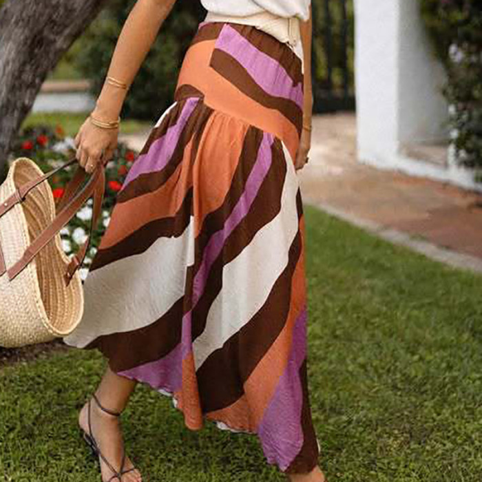 Elegant Lady Commute Stripe Printed Long Skirts Vintage Elastic Waist Women's Skirt Summer Casual High Waist Pleated Half Skirts