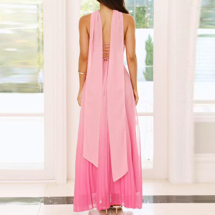 Leisure High Waist Backless Ribbon Evening Dress Sexy Hollow Out Lace Up Maxi Dress Gradient Printed Off Shoulder Party Dresses