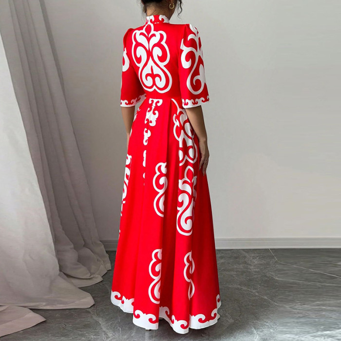 2025 Spring Summer New High Waisted Evening Party Dress Women Half Sleeve Red Printed Festival Dress Elegant Big Hem Long Dress