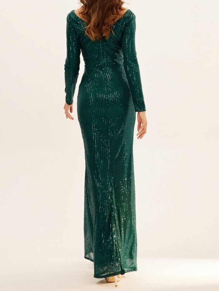 Women's Sexy Sequined Maxi Dress Elegant V-neck Long Sleeve Slim Fit Long Sexy High Slit Dress